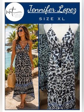 Jennifer Lopez XL Hi-Low Animal Print Maxi Dress Sleeveless Tassel Tie Resort